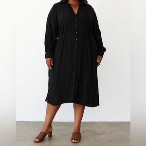 Sejour Black Sheer V-Neck Button Down Tie Waist Midi Shirt Dress